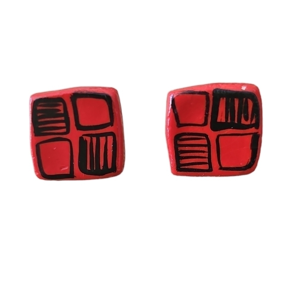 Hand painted ceramic stud earrings, black and red